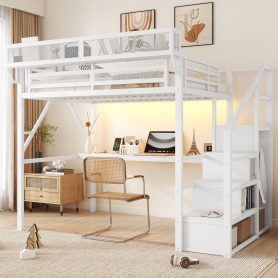 Full Size Metal Loft Bed With Desk, Charging Station, Stairs And Light