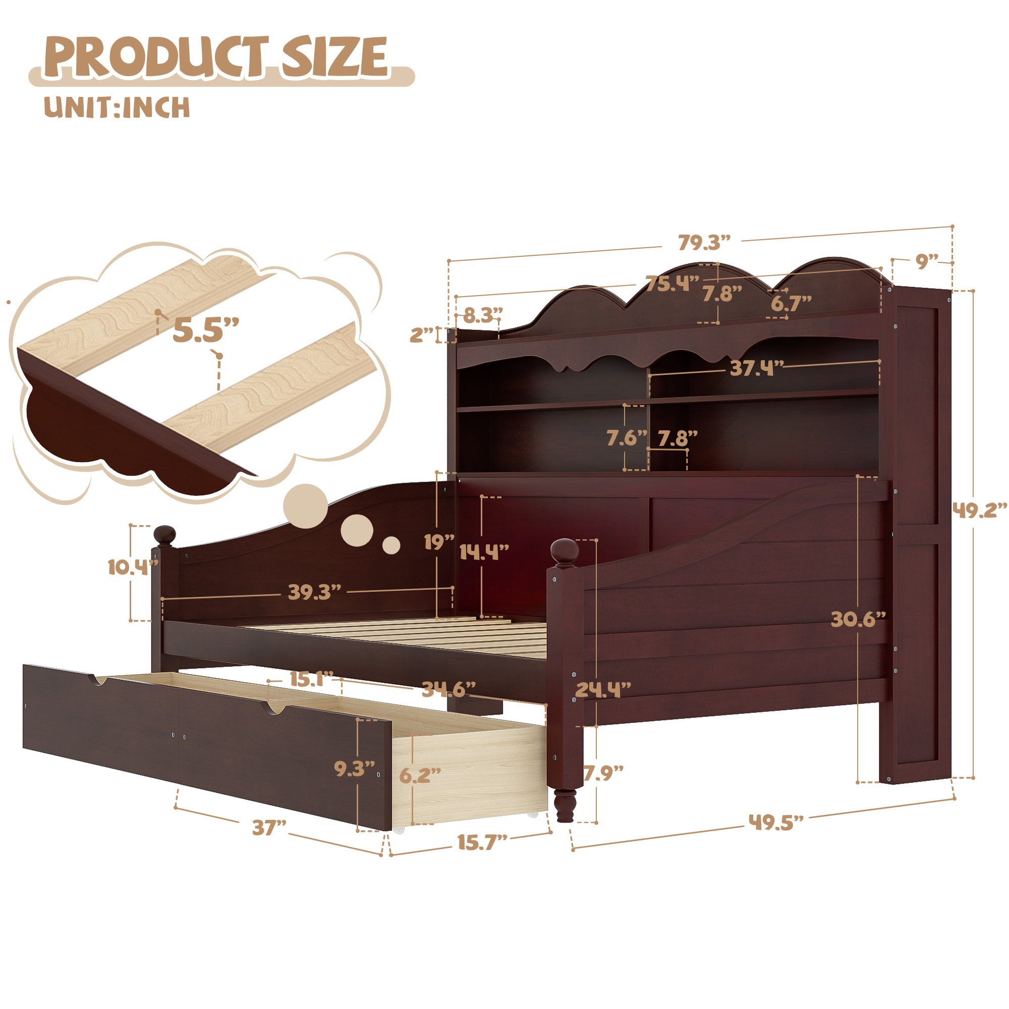 Wooden Twin Daybed With Storage Drawers and Storage Headboard Shelving 14 Wooden Twin Daybed With Storage Drawers and Storage Headboard Shelving