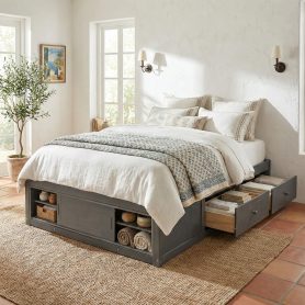 Queen Size Platform Bed Frame with 4 Storage Drawers and Footboard Storage Cubby