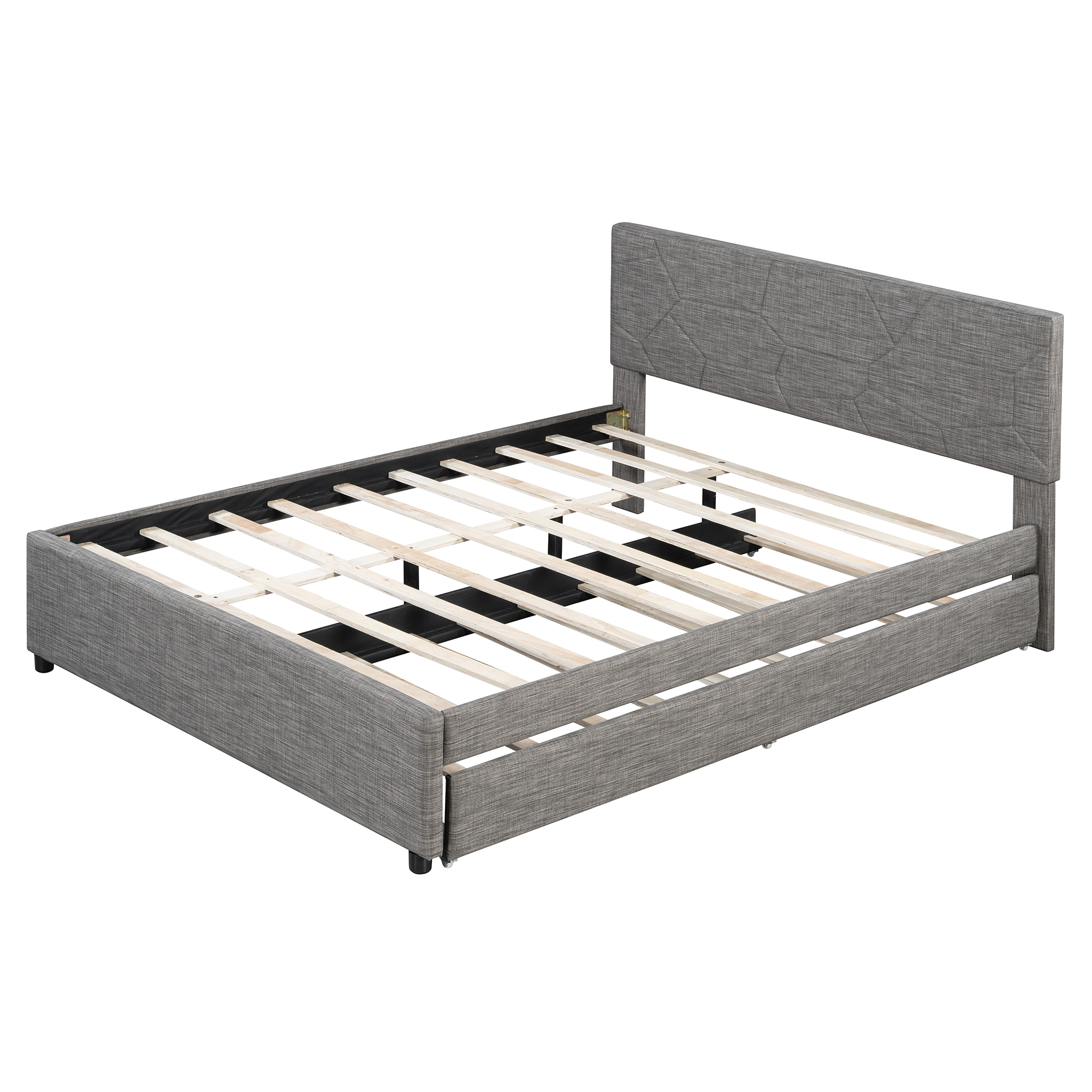 Queen Size Upholstered Platform Bed with Brick Pattern Headboard and Twin XL Size Trundle 15 Queen Size Upholstered Platform Bed with Brick Pattern Headboard and Twin XL Size Trundle