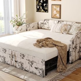 Twin Size Upholstered Daybed with Pop-Up Trundle & USB Charging Ports 53 Twin Size Upholstered Daybed with Pop-Up Trundle & USB Charging Ports