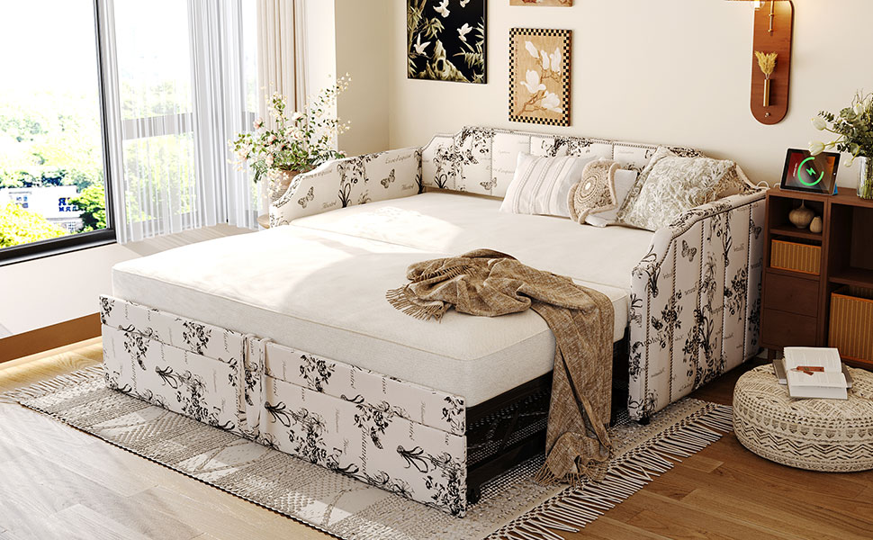 Twin Size Upholstered Daybed with Pop-Up Trundle & USB Charging Ports 27 Twin Size Upholstered Daybed with Pop-Up Trundle & USB Charging Ports