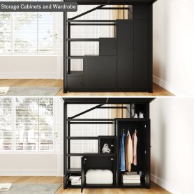 Queen Size Metal Loft Bed with Storage Shelves, Cabinets and Wardrobe 19 Queen Size Metal Loft Bed with Storage Shelves, Cabinets and Wardrobe