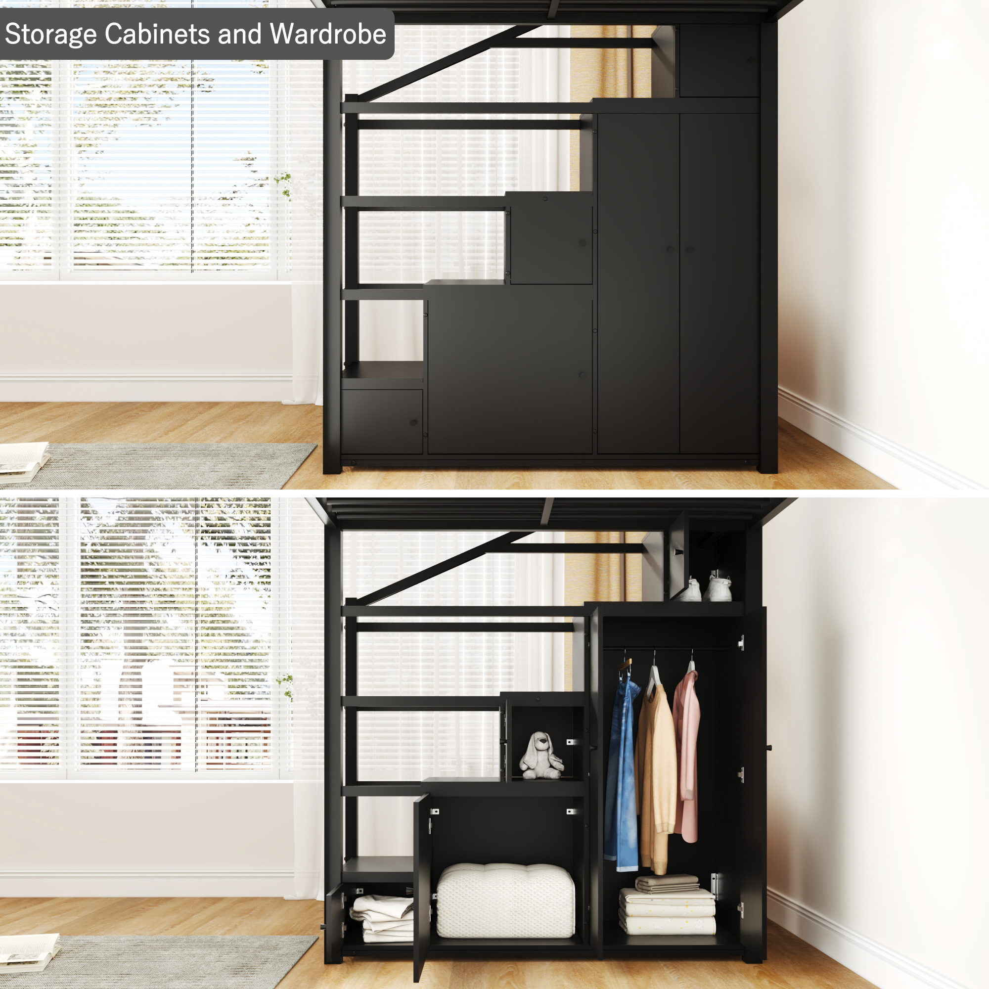 Queen Size Metal Loft Bed with Storage Shelves, Cabinets and Wardrobe 6 Queen Size Metal Loft Bed with Storage Shelves, Cabinets and Wardrobe