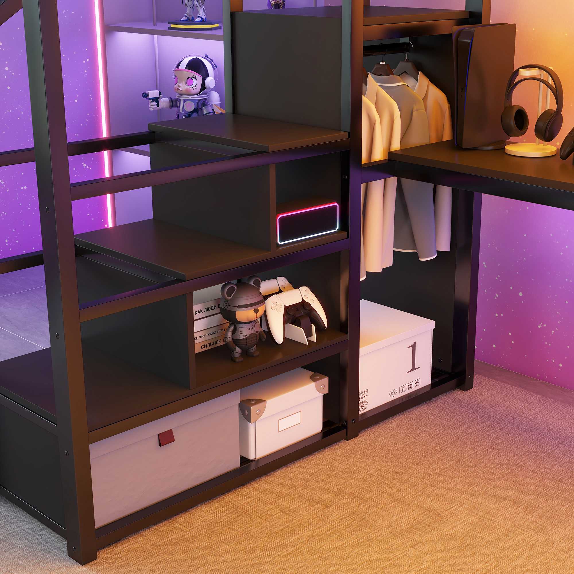 Metal Queen Size Loft Bed With Desk, Charging Station, Stairs And Light 7 Metal Queen Size Loft Bed With Desk, Charging Station, Stairs And Light
