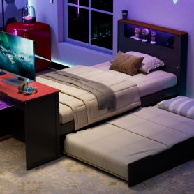 Twin Size Wood Daybed with Twin Size Trundle, Desk, LED light and USB
