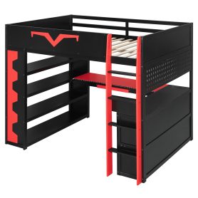 Full Size Gaming Loft Bed with Integrated Desk & RGB LED Lights, Pro-Gamer Bed with Power Outlet, Large Bookshelf, Pegboard, Keyboard Tray & Storage Drawer