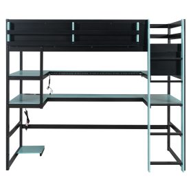 Twin Size Wood Loft Bed With Desk, Side Storage Rack, Multi-storage Shelves And RGB Light