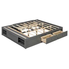 Queen Size Platform Bed Frame with 4 Storage Drawers and Footboard Storage Cubby