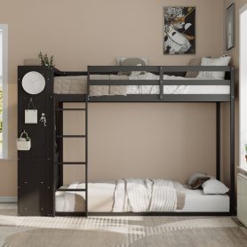 Twin Size Bunk Bed with 4 Storage Drawers, Hanging Rail, Light Strip and Built-in Shelves & Dual Pegboards