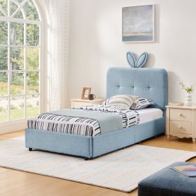 Twin Size Kids Upholstered Bed With Oversized Rabbit Ear Headboard, Music Sync, LED Light & 4 Storage Drawers 27 Twin Size Kids Upholstered Bed With Oversized Rabbit Ear Headboard, Music Sync, LED Light & 4 Storage Drawers