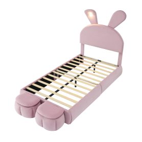 Twin Size Upholstered Platform Bed With Cartoon Ears Shaped Headboard And Light