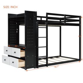 Twin Size Bunk Bed with 4 Storage Drawers, Hanging Rail, Light Strip and Built-in Shelves & Dual Pegboards