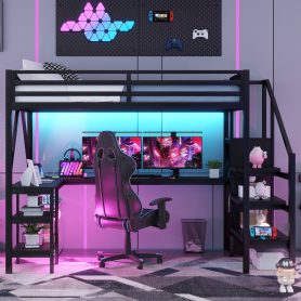 Metal Full Loft Bed With Wardrobe, LED Light, L Shaped Desk And USB