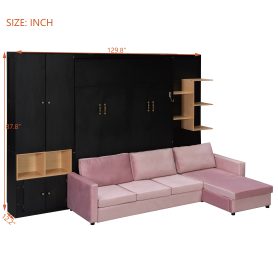 Queen Size Murphy Bed with Large Sofa, Storage Shelves & Cabinets