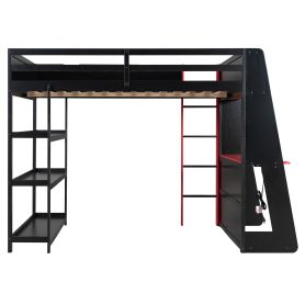 Full Size Gaming Loft Bed with Desk, Shelves & LED Lights