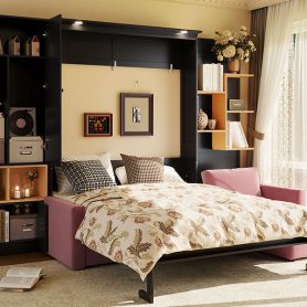Queen Size Murphy Bed with Large Sofa, Storage Shelves & Cabinets