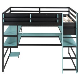 Full Size Wood Loft Bed With Desk, Side Storage Rack, Multi-storage Shelves And RGB Light