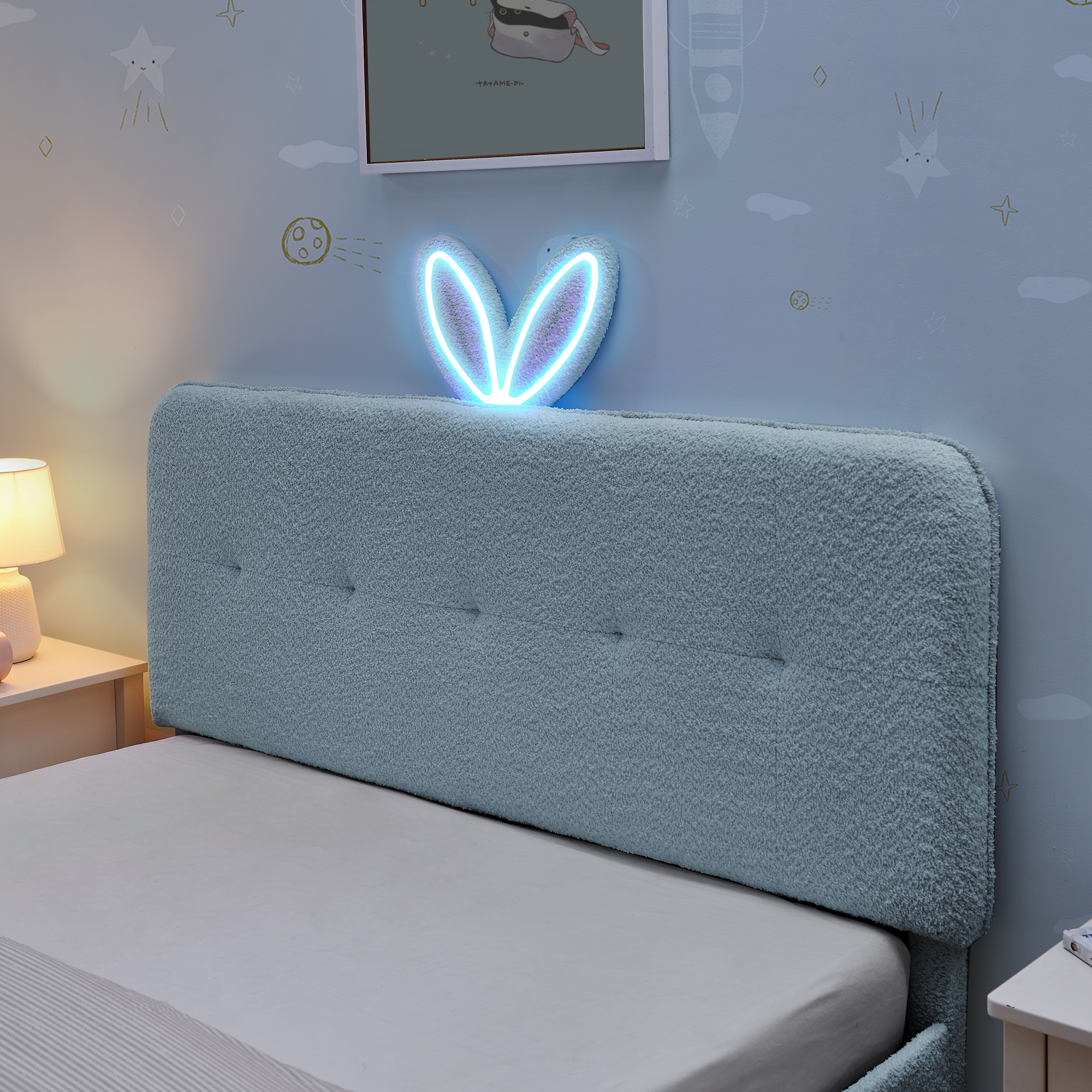Full Size Kids Upholstered Bed With Oversized Rabbit Ear Headboard, Music Sync, LED Light & 4 Storage Drawers 6 Full Size Kids Upholstered Bed With Oversized Rabbit Ear Headboard, Music Sync, LED Light & 4 Storage Drawers