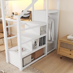 Full Size Metal Loft Bed With Desk, Charging Station, Stairs And Light