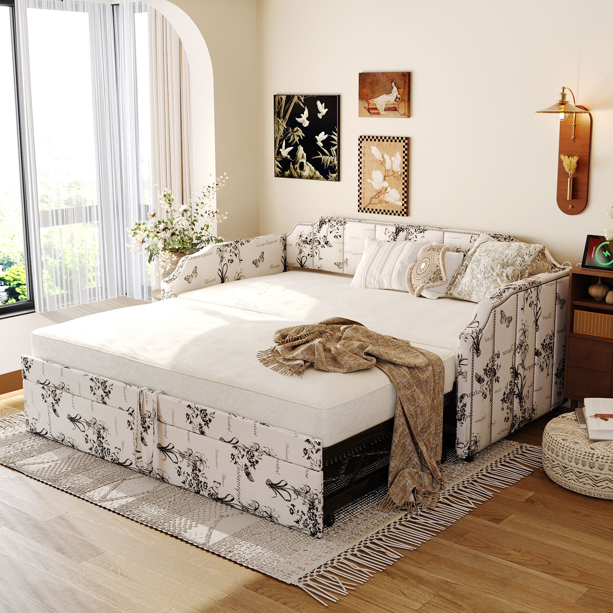 Twin Size Upholstered Daybed with Pop-Up Trundle & USB Charging Ports 3 Twin Size Upholstered Daybed with Pop-Up Trundle & USB Charging Ports