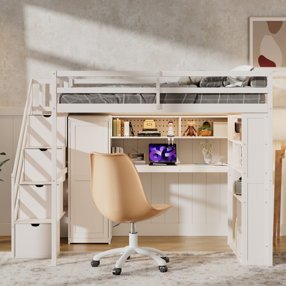 Full Loft Bed Frame with Built-In Wardrobe, Study Desk, St…