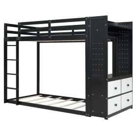 Twin Size Bunk Bed with 4 Storage Drawers, Hanging Rail, Light Strip and Built-in Shelves & Dual Pegboards