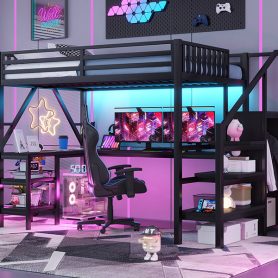 Metal Full Loft Bed With Wardrobe, LED Light, L Shaped Desk And USB