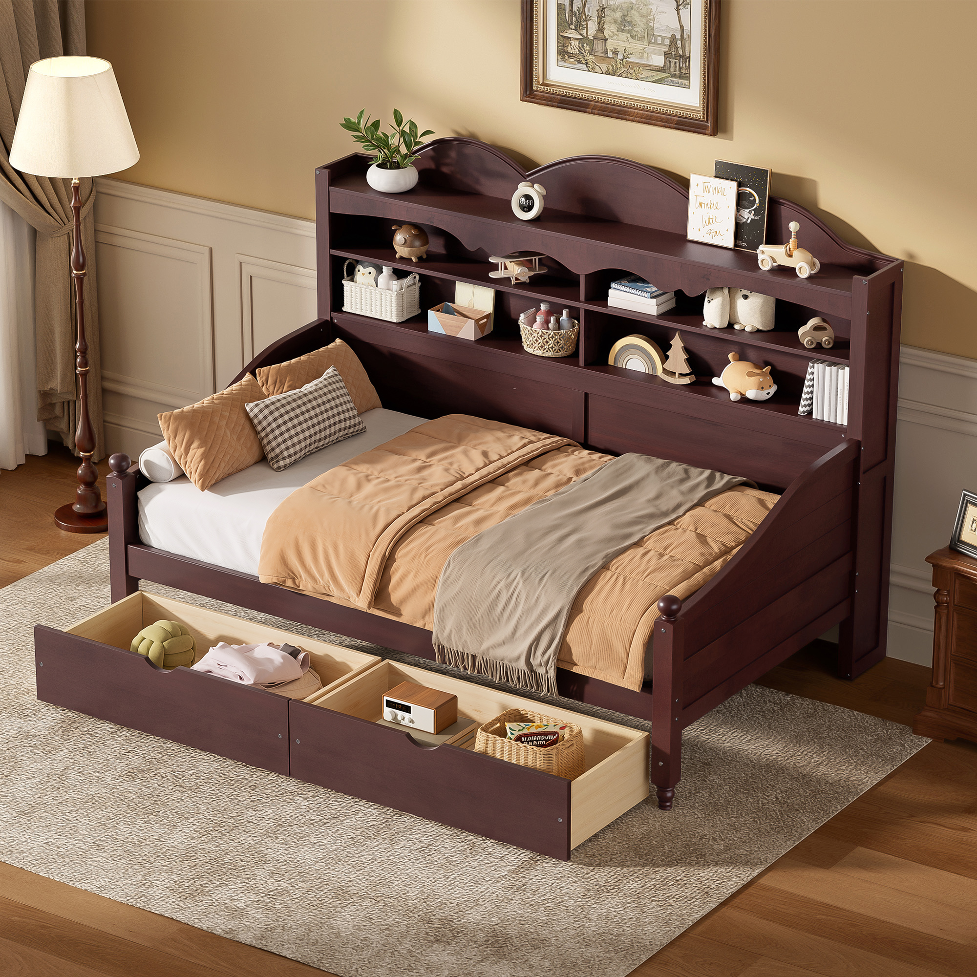 Wooden Twin Daybed With Storage Drawers and Storage Headboard Shelving 3 Wooden Twin Daybed With Storage Drawers and Storage Headboard Shelving
