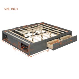 Queen Size Platform Bed Frame with 4 Storage Drawers and Footboard Storage Cubby
