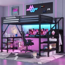Metal Queen Size Loft Bed with L Shaped Desk and USB for Kids Teens Adults
