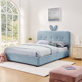 Queen Size Kids Upholstered Bed With Oversized Rabbit Ear Headboard, Music Sync, LED Light & 4 Storage Drawers