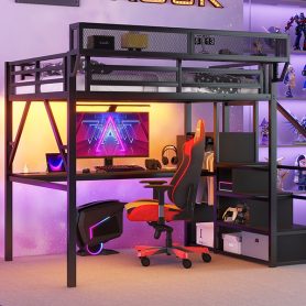 Metal Full Size Loft Bed With Desk, Charging Station, Stairs And Light