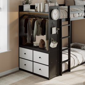 Twin Size Bunk Bed with 4 Storage Drawers, Hanging Rail, Light Strip and Built-in Shelves & Dual Pegboards