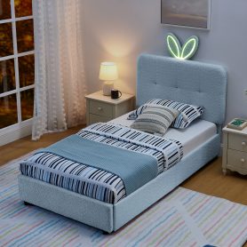 Twin Size Kids Upholstered Bed With Oversized Rabbit Ear Headboard, Music Sync, LED Light & 4 Storage Drawers 23 Twin Size Kids Upholstered Bed With Oversized Rabbit Ear Headboard, Music Sync, LED Light & 4 Storage Drawers