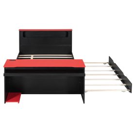 Full Size Wood Daybed with Twin Size Trundle, Desk, LED light and USB