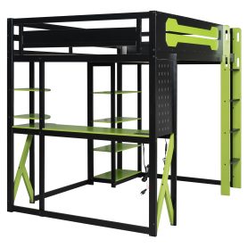 Full Size Wood Loft Bed with Desk, Shelves, Power Outlet & USB/Type-C Ports and RGB Light