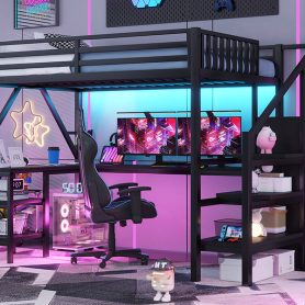 Metal Full Loft Bed With Wardrobe, LED Light, L Shaped Desk And USB