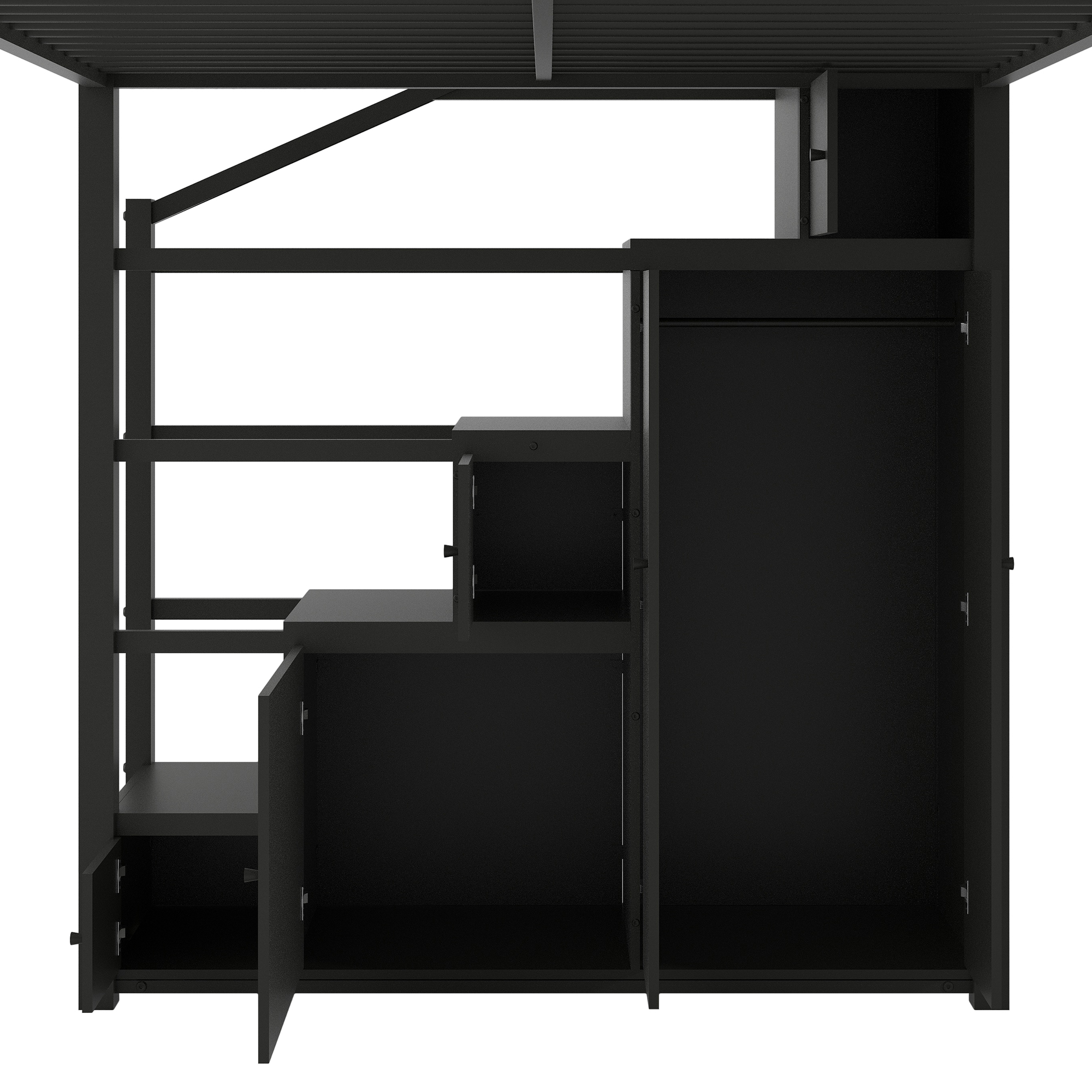 Queen Size Metal Loft Bed with Storage Shelves, Cabinets and Wardrobe 14 Queen Size Metal Loft Bed with Storage Shelves, Cabinets and Wardrobe