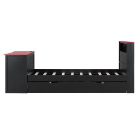 Twin Size Wood Daybed with Twin Size Trundle, Desk, LED light and USB