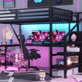 Metal Queen Size Loft Bed with L Shaped Desk and USB for Kids Teens Adults