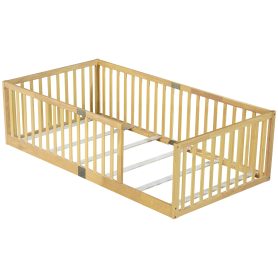 Twin Size Floor Bed with High Fence Railings, without Door