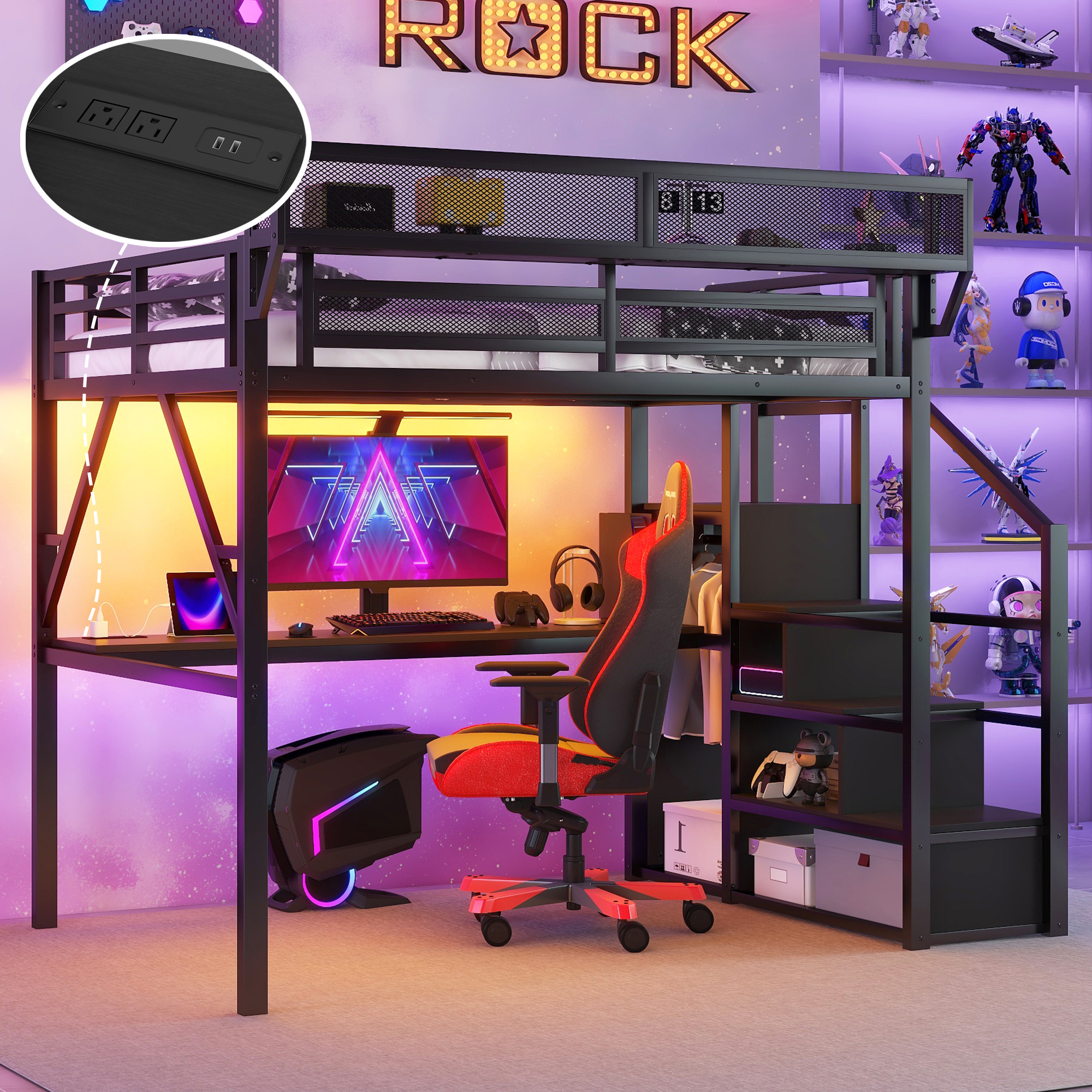 Metal Queen Size Loft Bed With Desk, Charging Station, Stairs And Light 3 Metal Queen Size Loft Bed With Desk, Charging Station, Stairs And Light