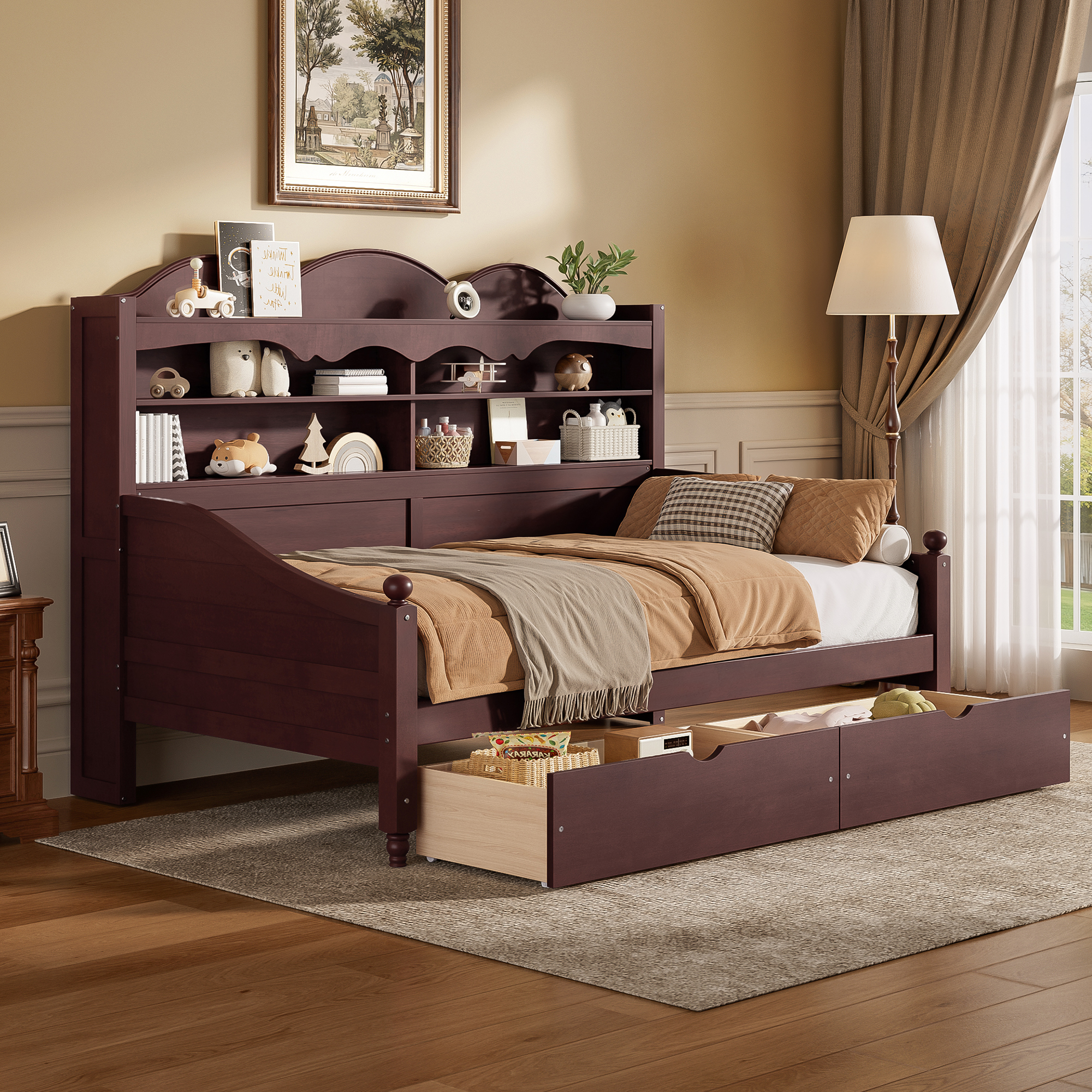 Wooden Twin Daybed With Storage Drawers and Storage Headboard Shelving 5 Wooden Twin Daybed With Storage Drawers and Storage Headboard Shelving
