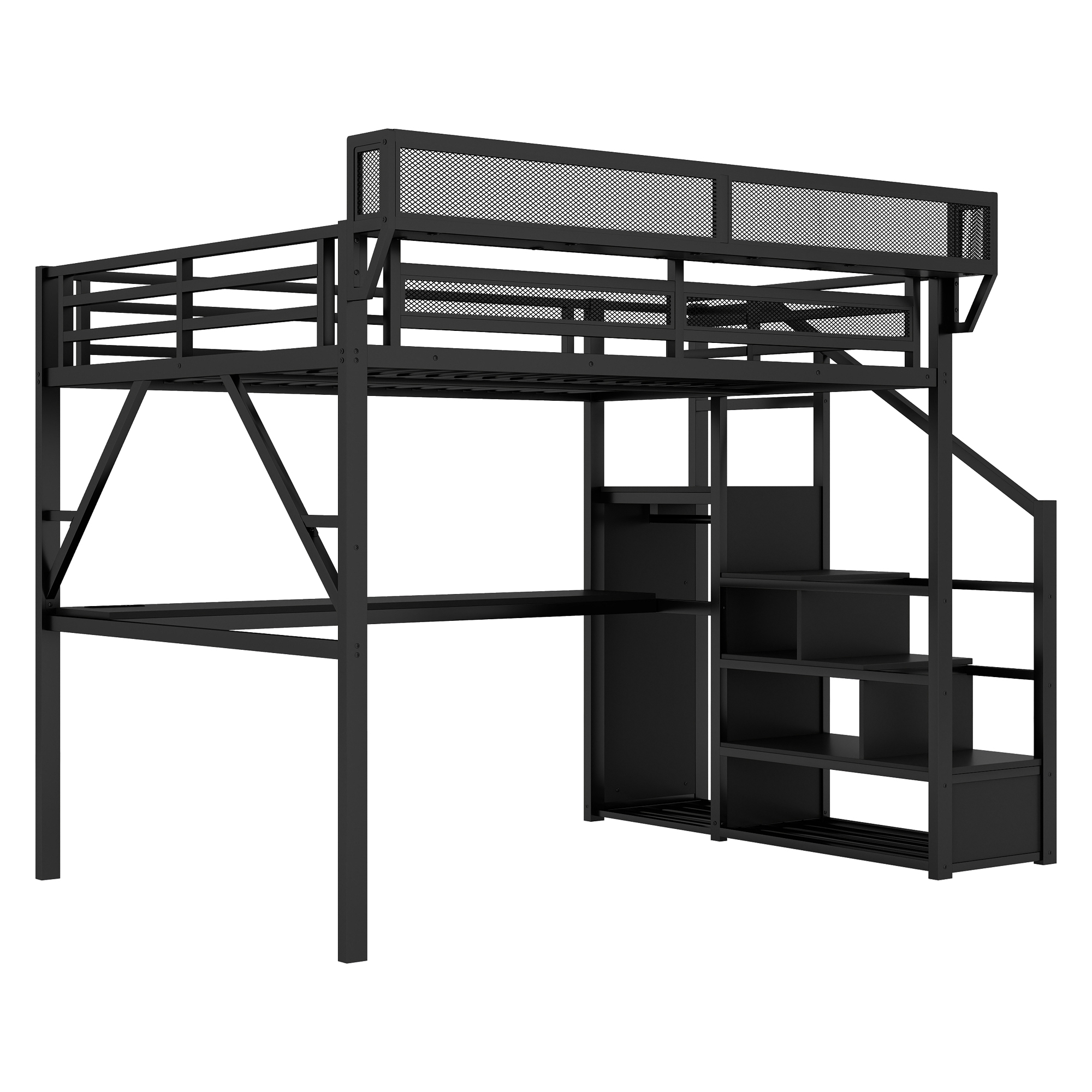 Metal Queen Size Loft Bed With Desk, Charging Station, Stairs And Light 18 Metal Queen Size Loft Bed With Desk, Charging Station, Stairs And Light