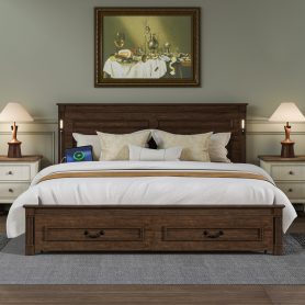 King Size Bed with Tall-Panel Headboard & Footboard, 2 Storage Drawers, Built-in LED Lights, USB Charging Station