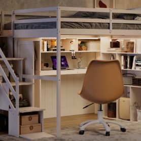 Full Loft Bed Frame with Built-In Wardrobe, Study Desk, Storage Shelves & Lights 50 Full Loft Bed Frame with Built-In Wardrobe, Study Desk, Storage Shelves & Lights