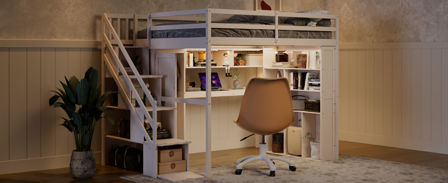 Full Loft Bed Frame with Built-In Wardrobe, Study Desk, Storage Shelves & Lights 26 Full Loft Bed Frame with Built-In Wardrobe, Study Desk, Storage Shelves & Lights