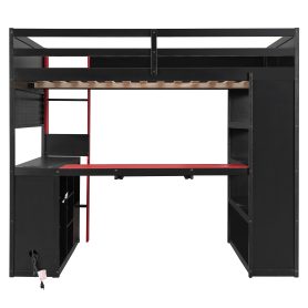 Full Size Gaming Loft Bed with Integrated Desk & RGB LED Lights, Pro-Gamer Bed with Power Outlet, Large Bookshelf, Pegboard, Keyboard Tray & Storage Drawer