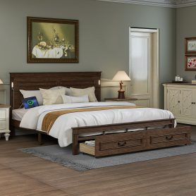 King Size Bed with Tall-Panel Headboard & Footboard, 2 Storage Drawers, Built-in LED Lights, USB Charging Station